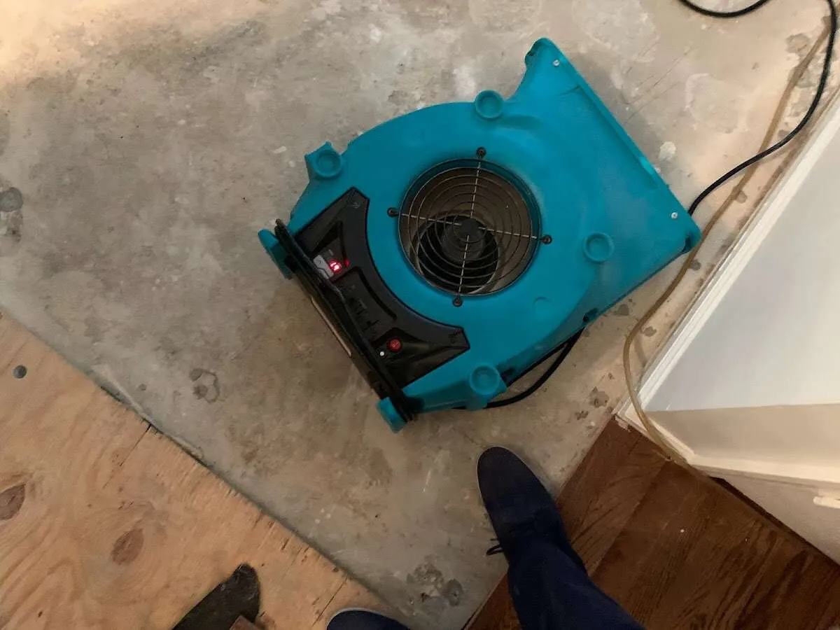 Air mover drying subfloor during Commercial Water Damage Restoration in South Bay